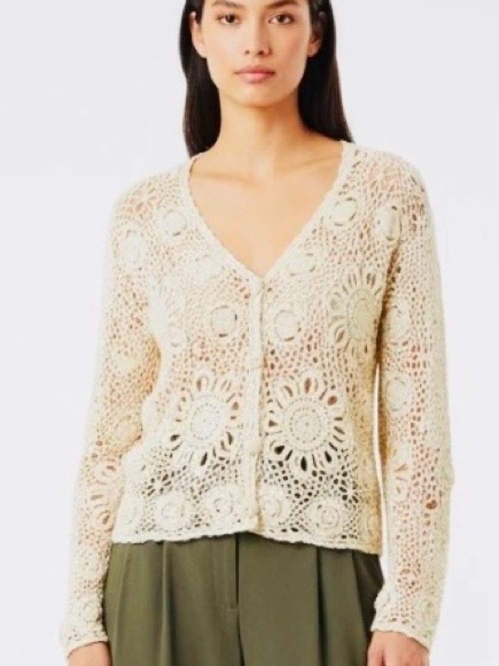 Crochet Openwork V-Neck Cardigan Sweater - Cream